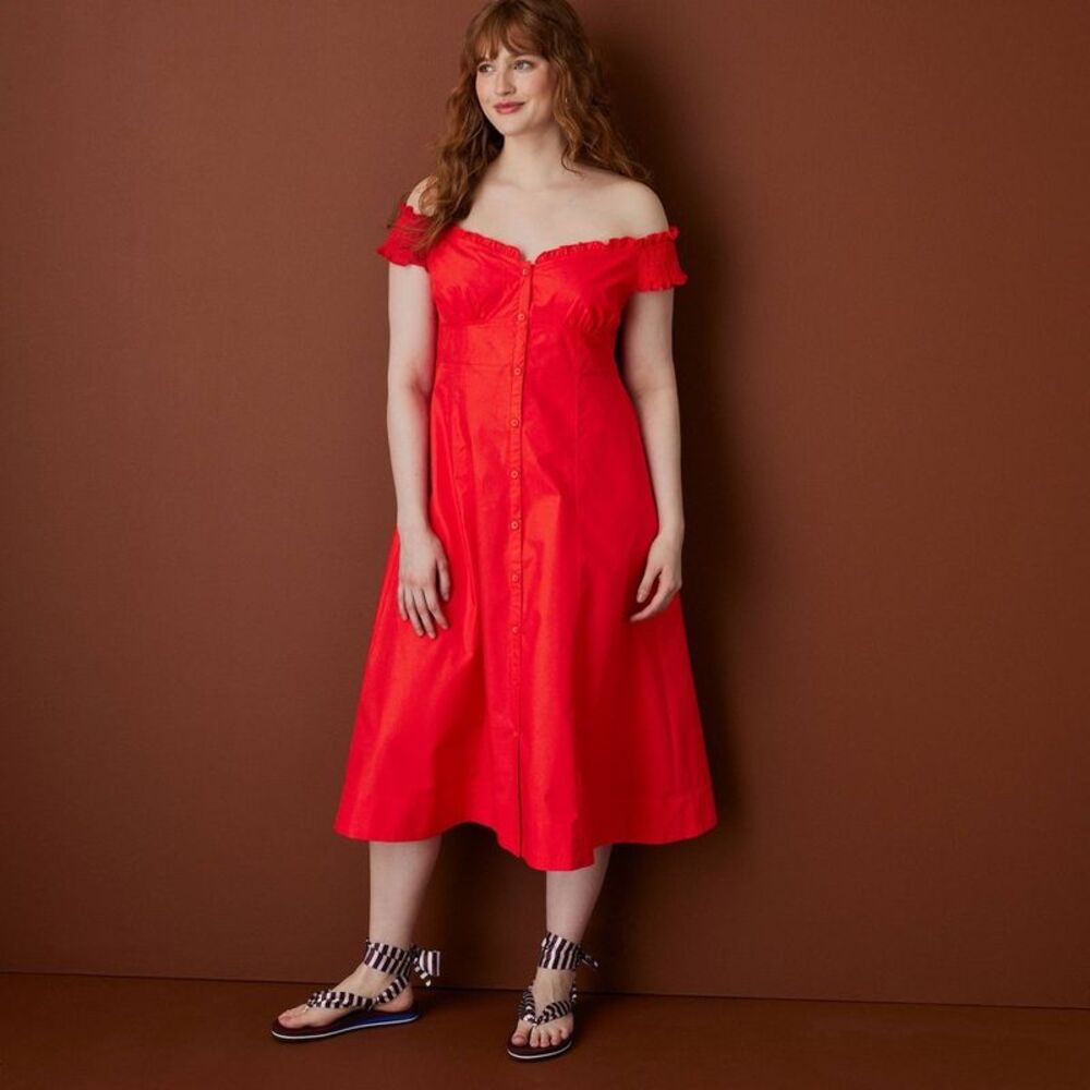 Women's Off the Shoulder Poplin Button-Down Midi Dress Red M